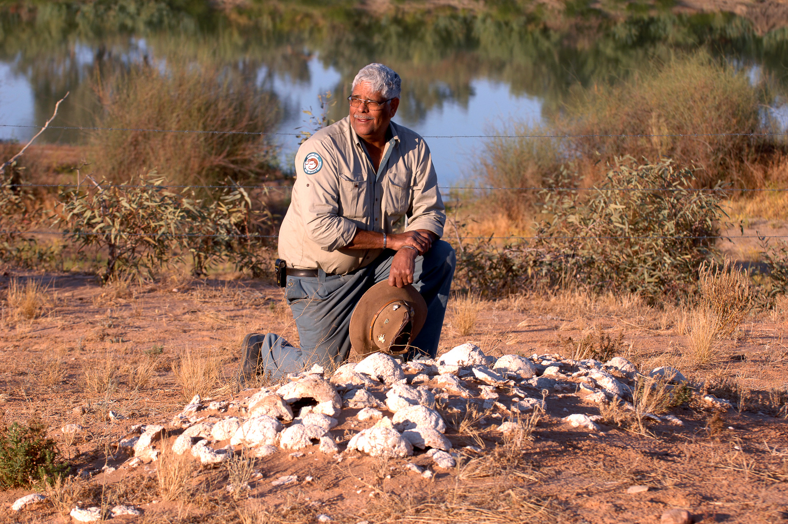 Birdsville Ranger Don Rowlands at a secret indigenous burial site deep in the Simpson Desert in 2007